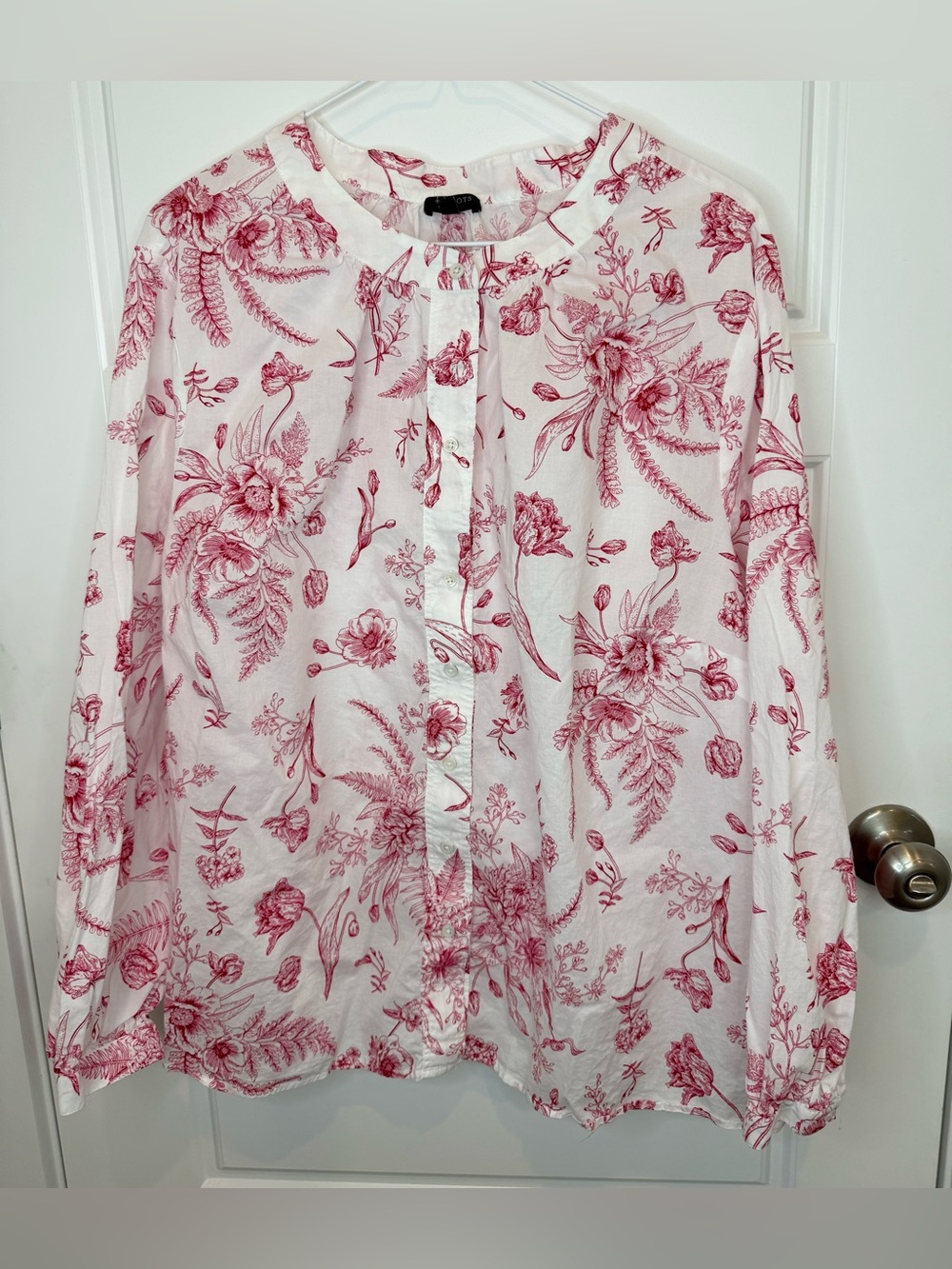 Talbots Pink Floral Toile Cotton Button Down Shirt Band Collar Size 2xl